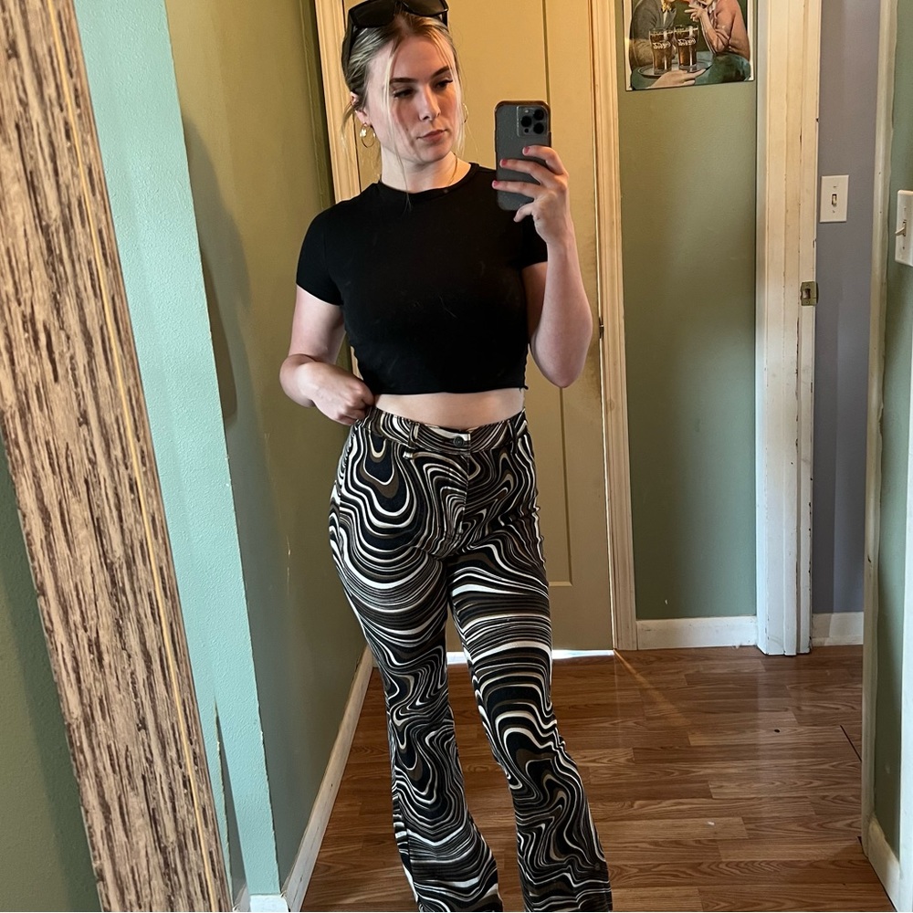 Motel Denim trippy warped brown white black swirl flare jeans